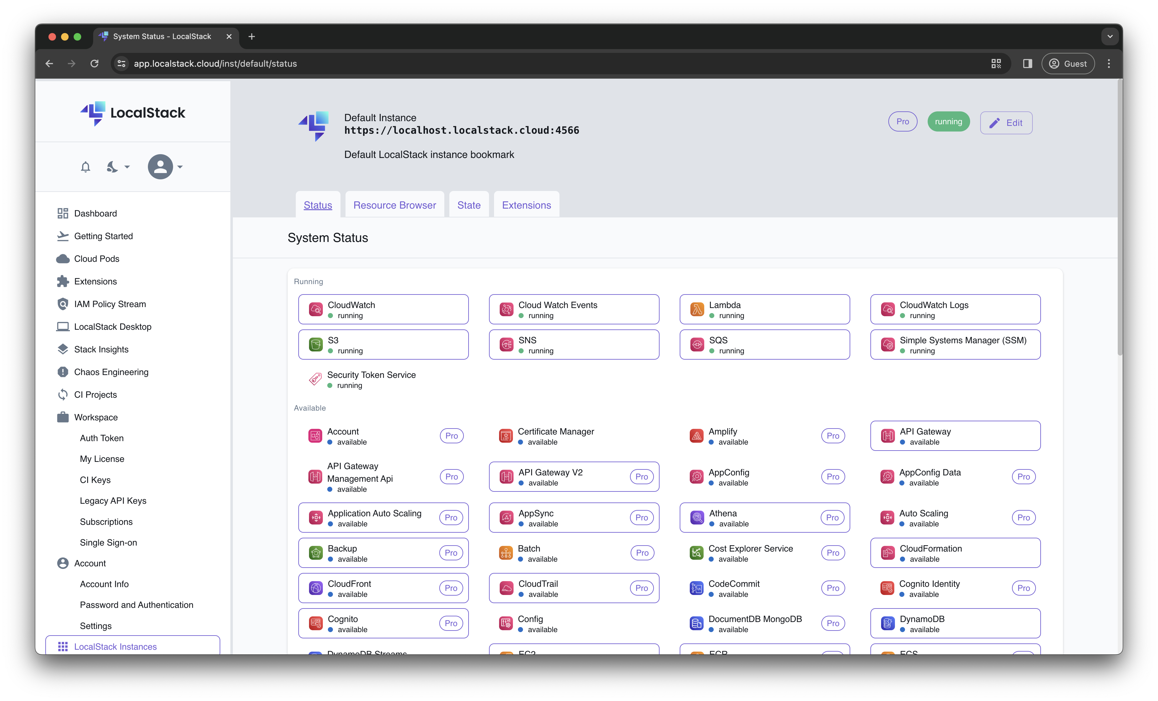 Status Page of the LocalStack Web Application"